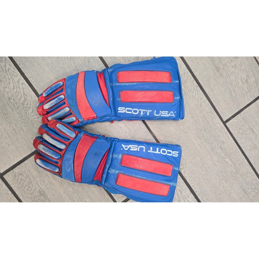 Vintage Scott USA Ski Gloves Padded Leather Red Blue Retro Winter Sports Small